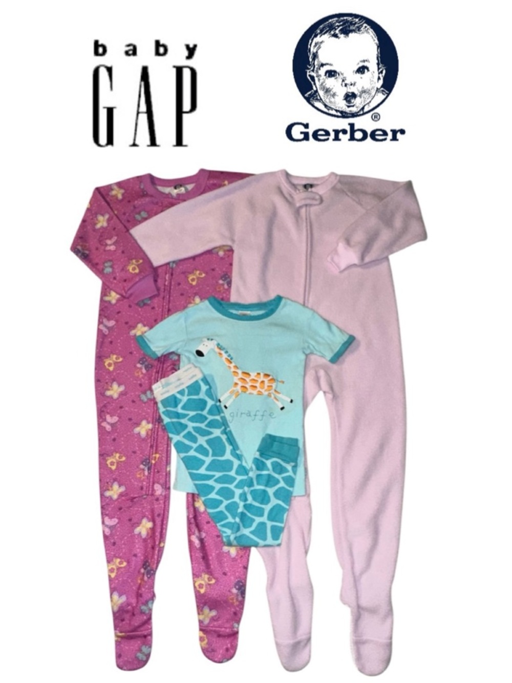 3-pr Pajamas GERBER Fleece Footed GAP Giraffe Set PJs Sleep Pink Green Girl 5